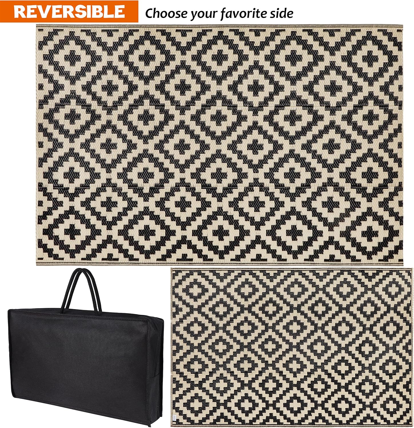 SAND MINE Reversible Mats, Plastic Straw Rug, Modern Area Rug, Large Floor Mat and Rug for Outdoors, RV, Patio, Deck, Beach, Camping (Black & Beige Lattice, 4' x 6', -3% to 5% Size Variance) - Image 3