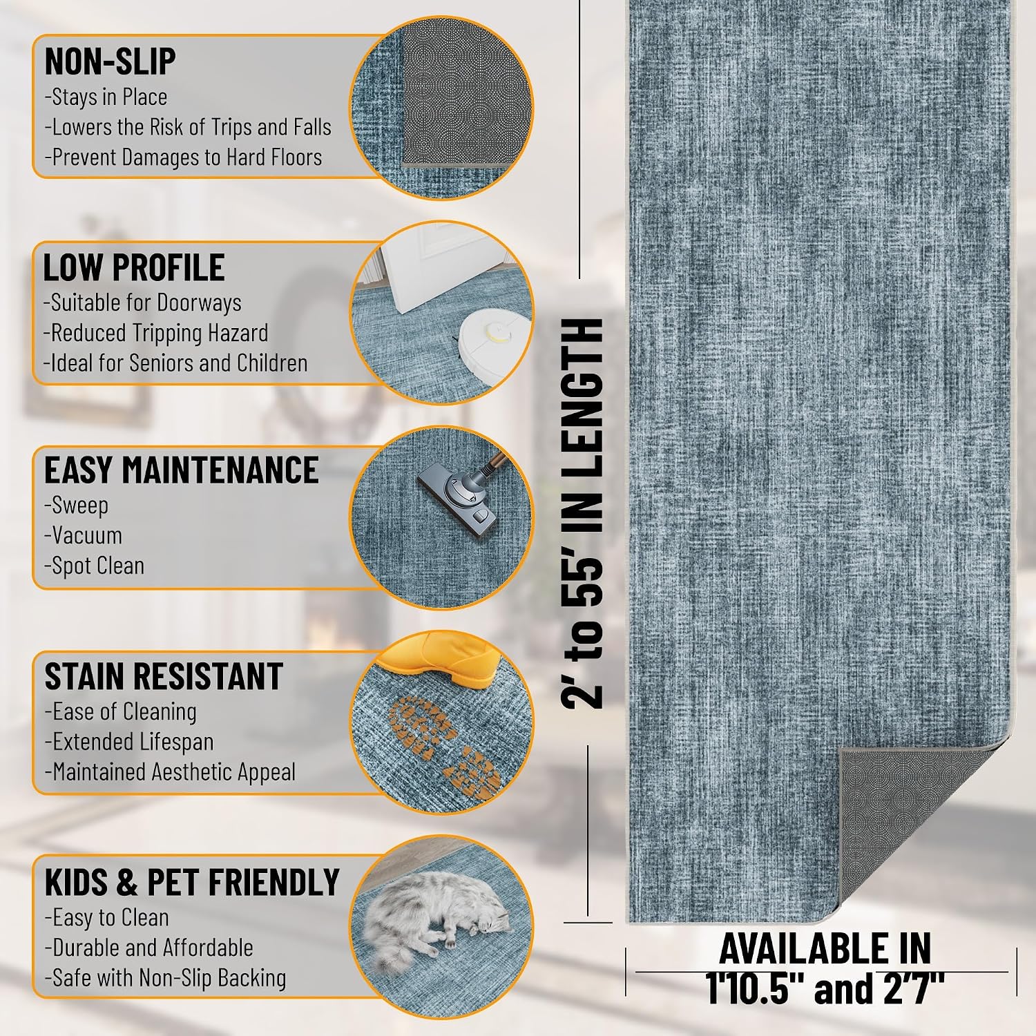 Ottomanson Runner Rug 1'10.5" x 8' – Soft Non-Slip Rug, Quick Dry Low Pile Carpet for Entryway, Kitchen, Hallway & Narrow Indoor Spaces, Solid Greyish Blue - Image 3