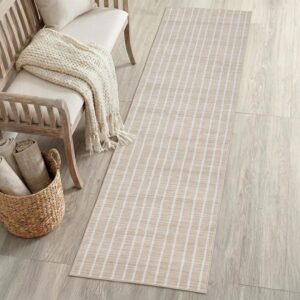 JONATHAN Y Washable Orton Distressed Ticking Stripe 2' x 8' Machine-Washable Polyester Runner Rug, Beige and Cream, Farmhouse Vintage Style with Low Pile for Hallway WSH519F-28