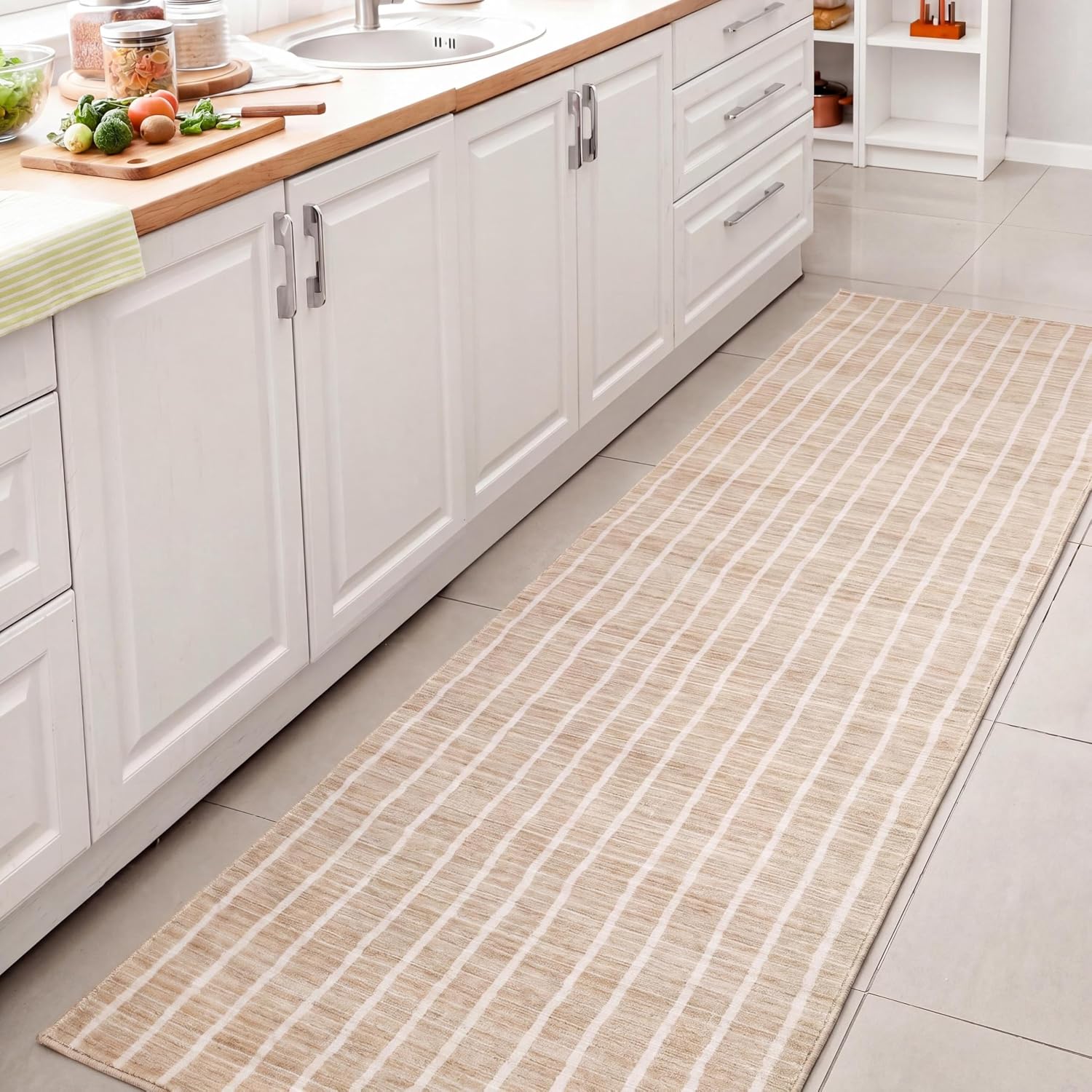 JONATHAN Y Washable Orton Distressed Ticking Stripe 2' x 8' Machine-Washable Polyester Runner Rug, Beige and Cream, Farmhouse Vintage Style with Low Pile for Hallway WSH519F-28 - Image 3