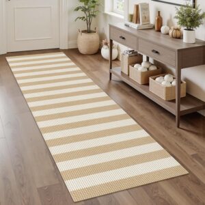 Rugalia Washable Woven Indoor Outdoor Runner Rug 2x6, Natural Beige Striped Cotton Rug Runners for Hallway Non-Slip Long Kitchen Mat, Modern Neutral Throw Runner Carpet for Entry Porch Patio