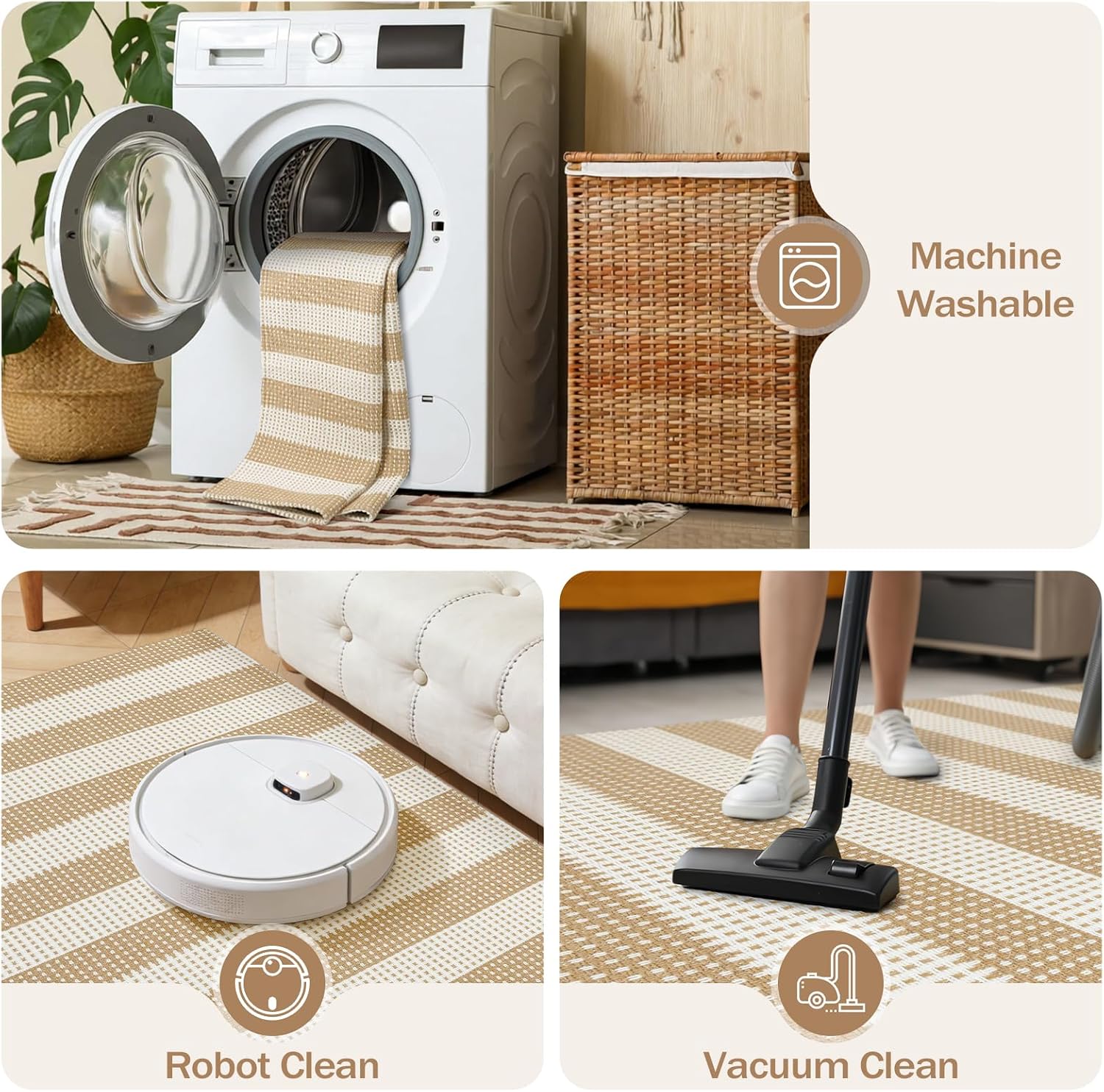 Rugalia Washable Woven Indoor Outdoor Runner Rug 2x6, Natural Beige Striped Cotton Rug Runners for Hallway Non-Slip Long Kitchen Mat, Modern Neutral Throw Runner Carpet for Entry Porch Patio - Image 3