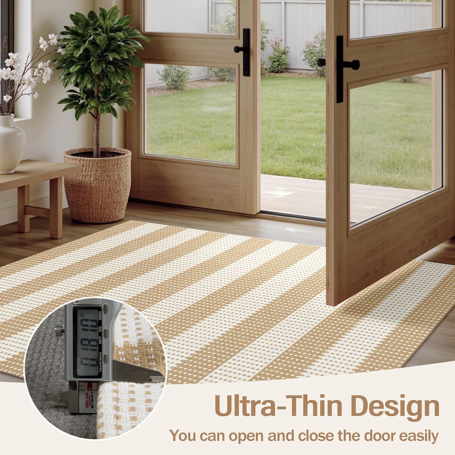 Rugalia Washable Woven Indoor Outdoor Runner Rug 2x6, Natural Beige Striped Cotton Rug Runners for Hallway Non-Slip Long Kitchen Mat, Modern Neutral Throw Runner Carpet for Entry Porch Patio - Image 4
