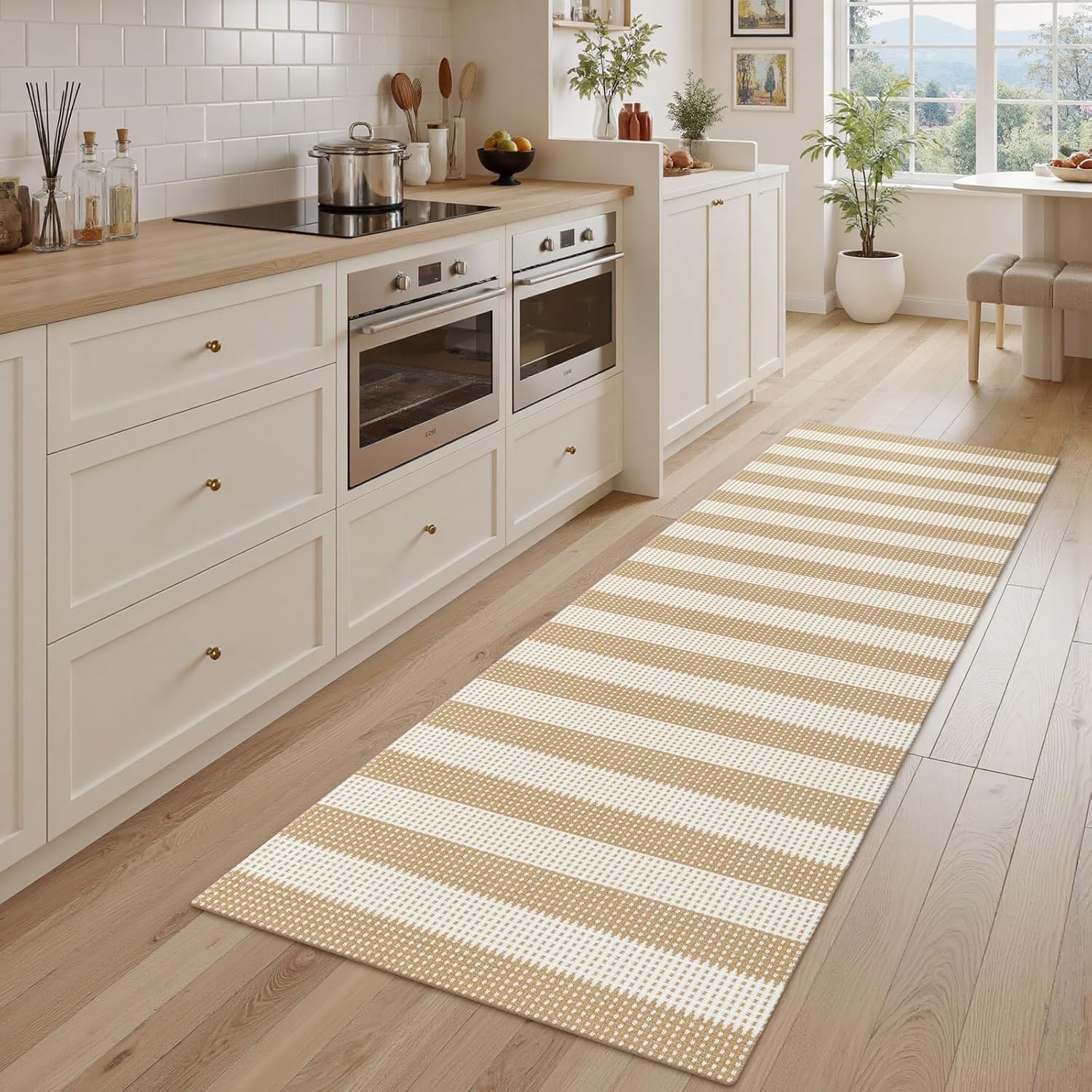 Rugalia Washable Woven Indoor Outdoor Runner Rug 2x6, Natural Beige Striped Cotton Rug Runners for Hallway Non-Slip Long Kitchen Mat, Modern Neutral Throw Runner Carpet for Entry Porch Patio - Image 5