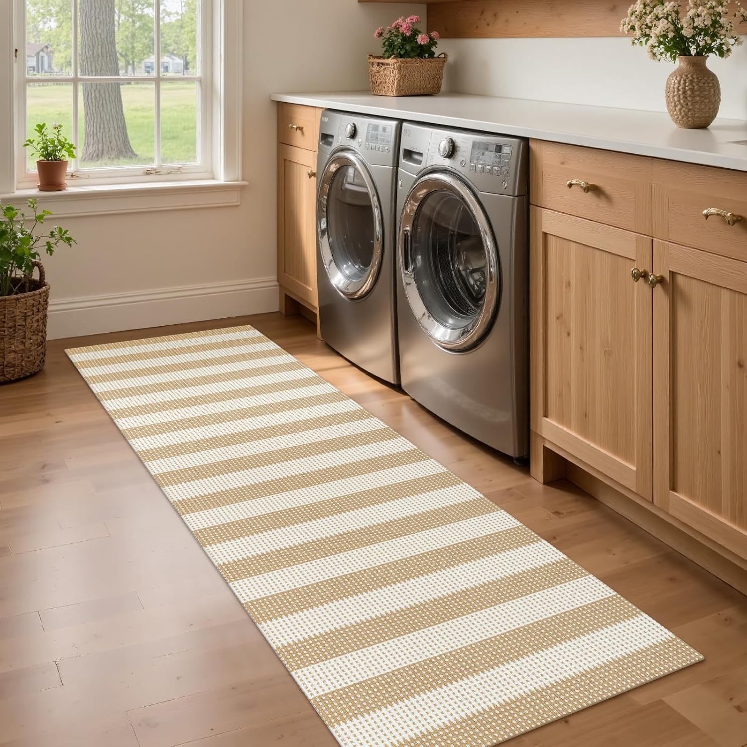 Rugalia Washable Woven Indoor Outdoor Runner Rug 2x6, Natural Beige Striped Cotton Rug Runners for Hallway Non-Slip Long Kitchen Mat, Modern Neutral Throw Runner Carpet for Entry Porch Patio - Image 6